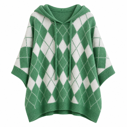 🧶 Cozy Retro Style | Women's Argyle Hooded Oversized Knit Sweater with Side-Split Hem