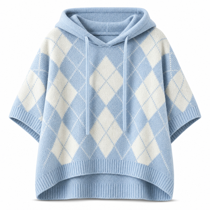 🧶 Cozy Retro Style | Women's Argyle Hooded Oversized Knit Sweater with Side-Split Hem