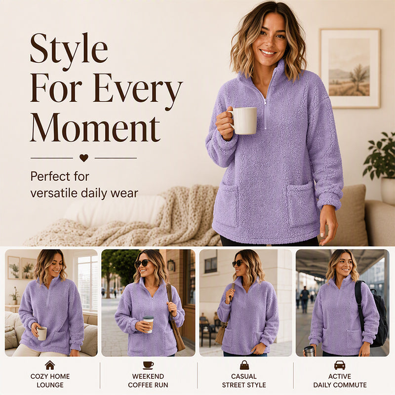 ☁️ Cozy Made Easy | Women's Half-Zip Plush Sweatshirt with Pockets