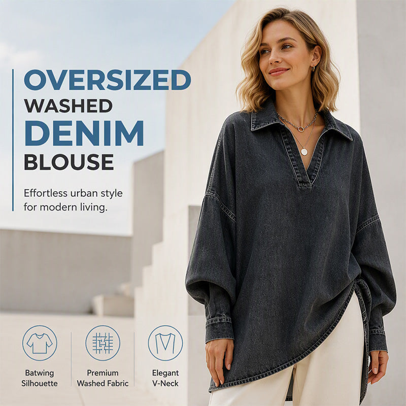 💙 Relaxed Denim Style | Women's Oversized Washed Denim Batwing V-Neck Blouse