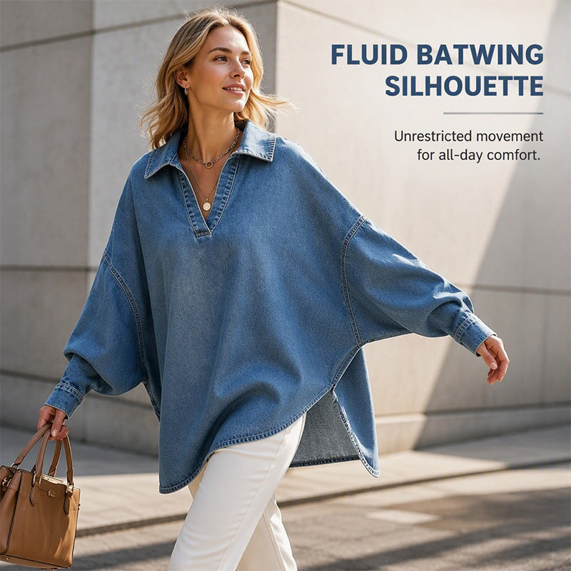 💙 Relaxed Denim Style | Women's Oversized Washed Denim Batwing V-Neck Blouse