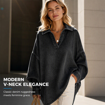 💙 Relaxed Denim Style | Women's Oversized Washed Denim Batwing V-Neck Blouse