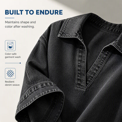 💙 Relaxed Denim Style | Women's Oversized Washed Denim Batwing V-Neck Blouse