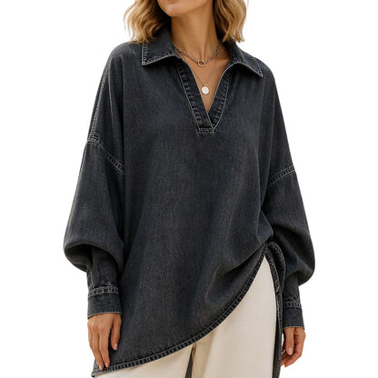 💙 Relaxed Denim Style | Women's Oversized Washed Denim Batwing V-Neck Blouse
