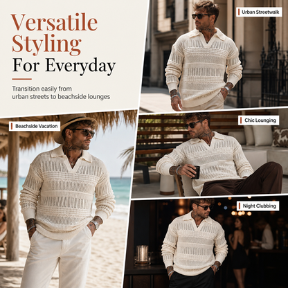 Men's Lapel Collar Hollow Out Knitted Sweater