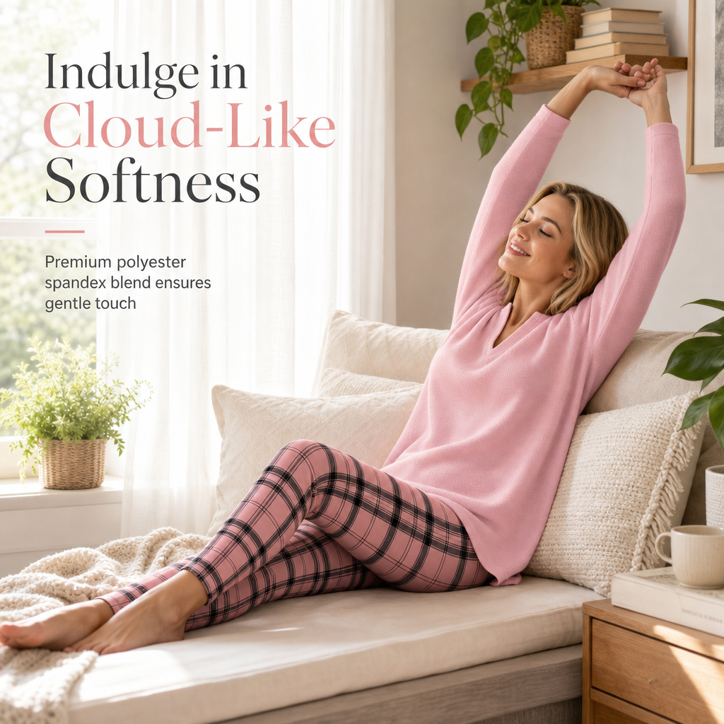 ☁️ Cozy Made Easy | Women's Relaxed Knit Top & Plaid Leggings 2-Piece Set