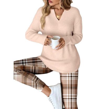 ☁️ Cozy Made Easy | Women's Relaxed Knit Top & Plaid Leggings 2-Piece Set
