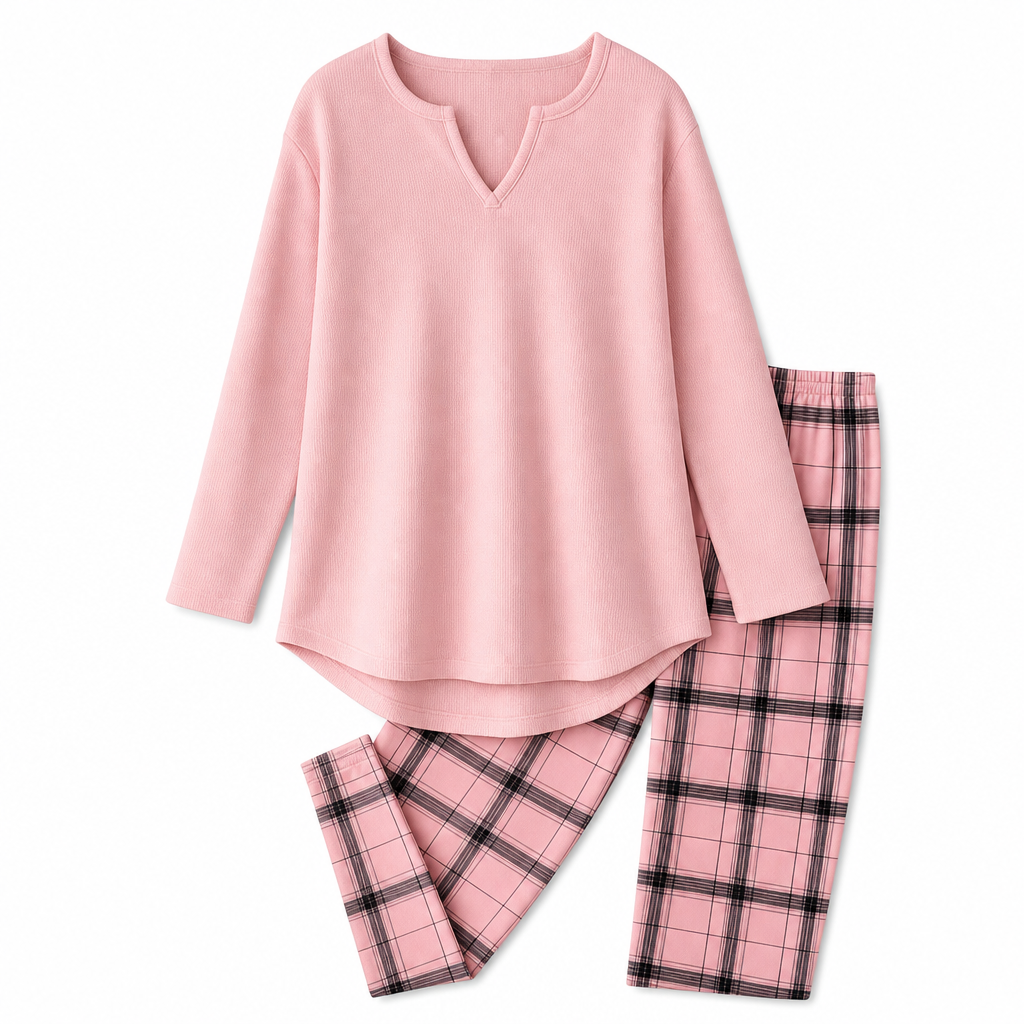 ☁️ Cozy Made Easy | Women's Relaxed Knit Top & Plaid Leggings 2-Piece Set