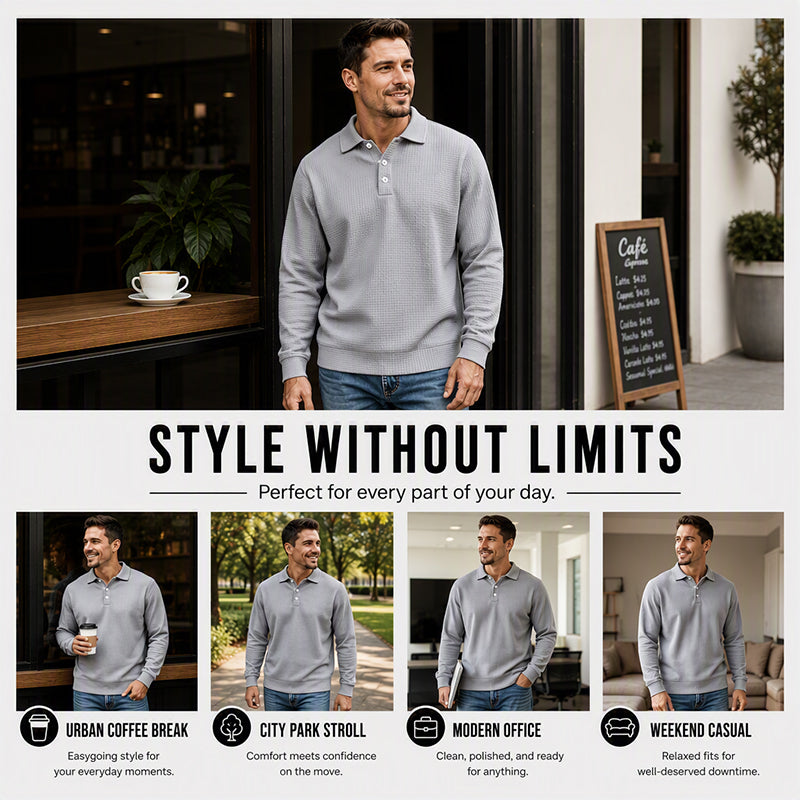 🧶 Textured Knit, Smarter Casual Style | Men's Waffle Collared Long-Sleeve Top