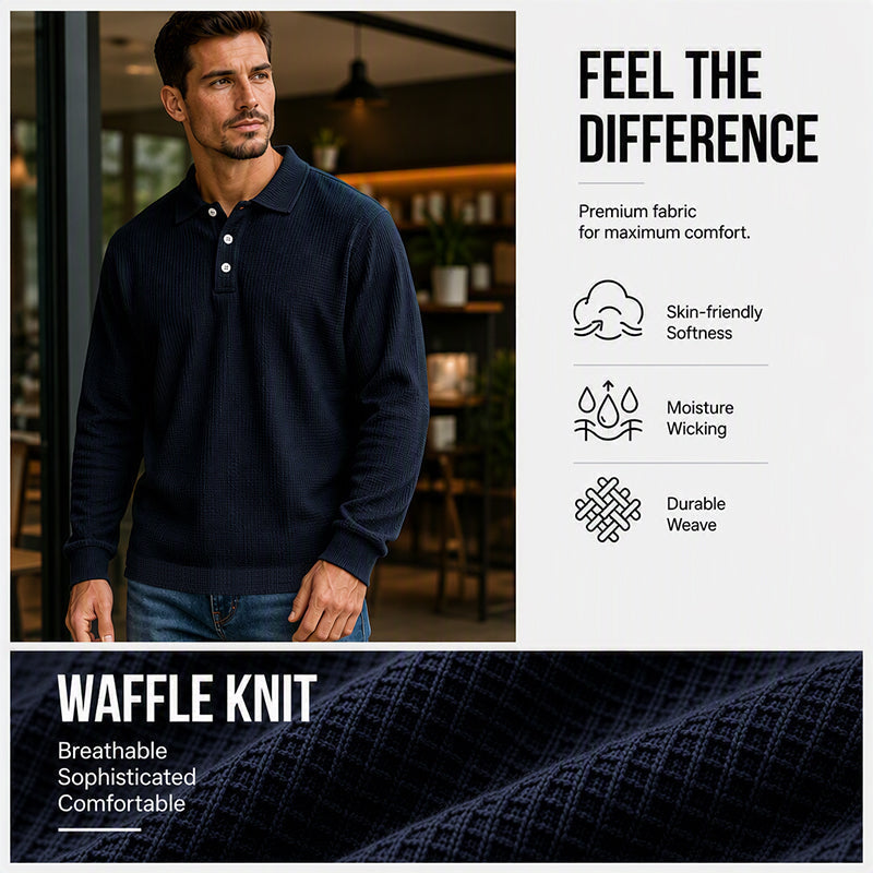 🧶 Textured Knit, Smarter Casual Style | Men's Waffle Collared Long-Sleeve Top