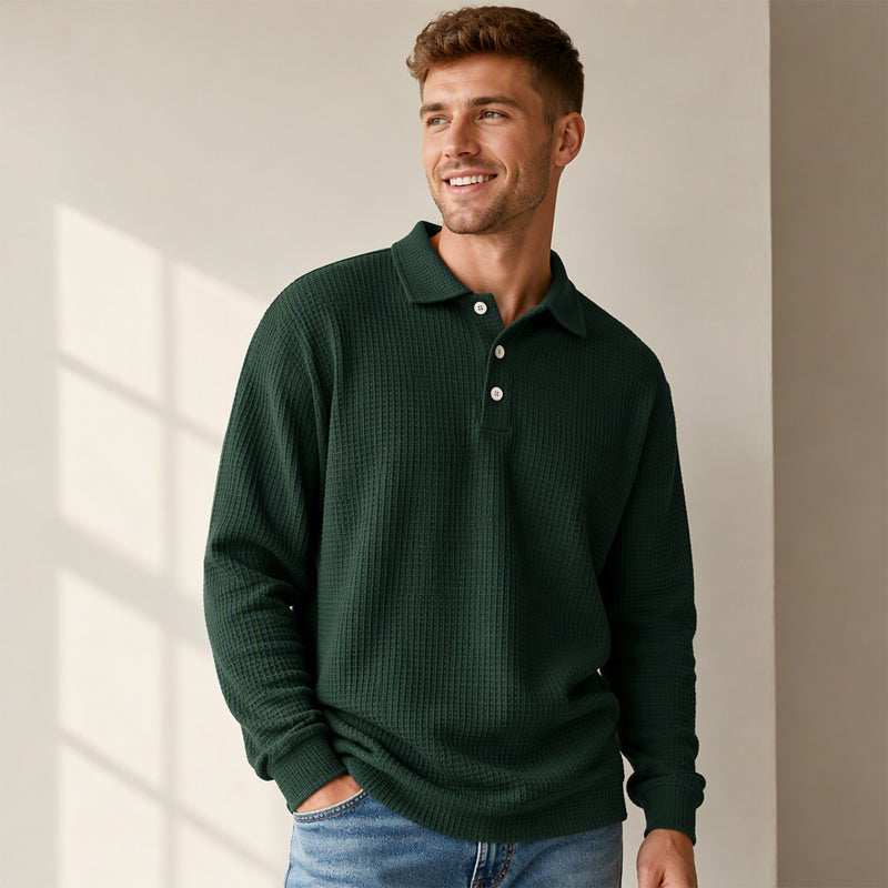 🧶 Textured Knit, Smarter Casual Style | Men's Waffle Collared Long-Sleeve Top