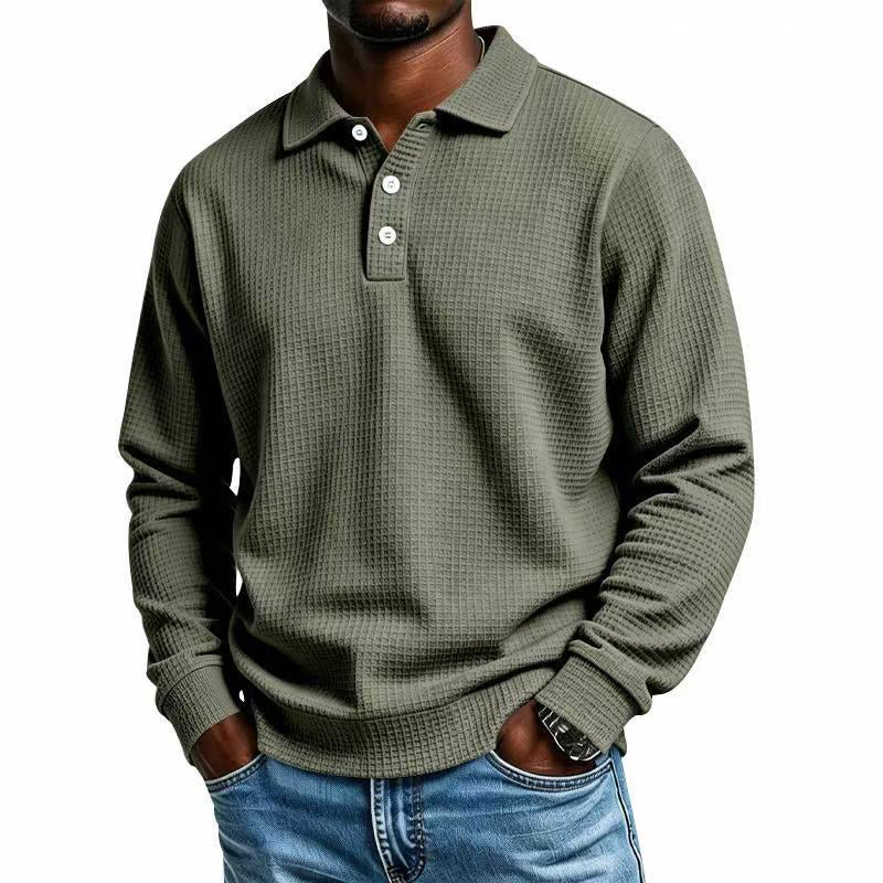 🧶 Textured Knit, Smarter Casual Style | Men's Waffle Collared Long-Sleeve Top