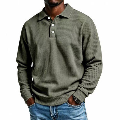 🧶 Textured Knit, Smarter Casual Style | Men's Waffle Collared Long-Sleeve Top