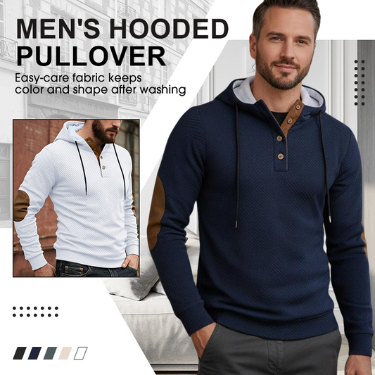 🧥 Rugged Retro Style | Men's Textured Hooded Half-Button Pullover with Elbow Patches