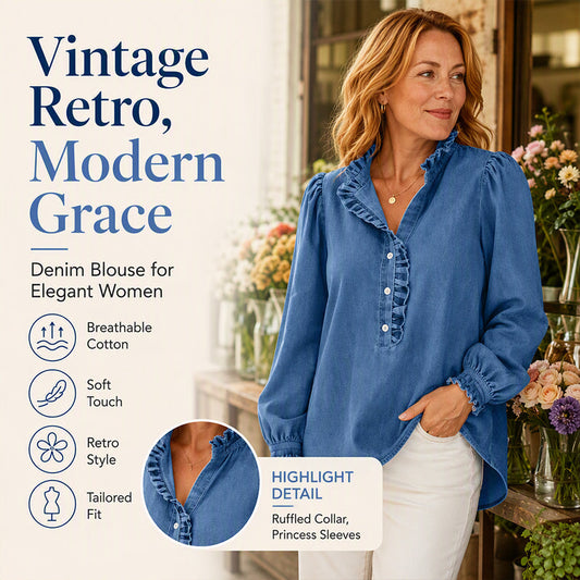 💙 Feminine Denim | Women's Ruffle-Collar Puff-Sleeve Denim Top