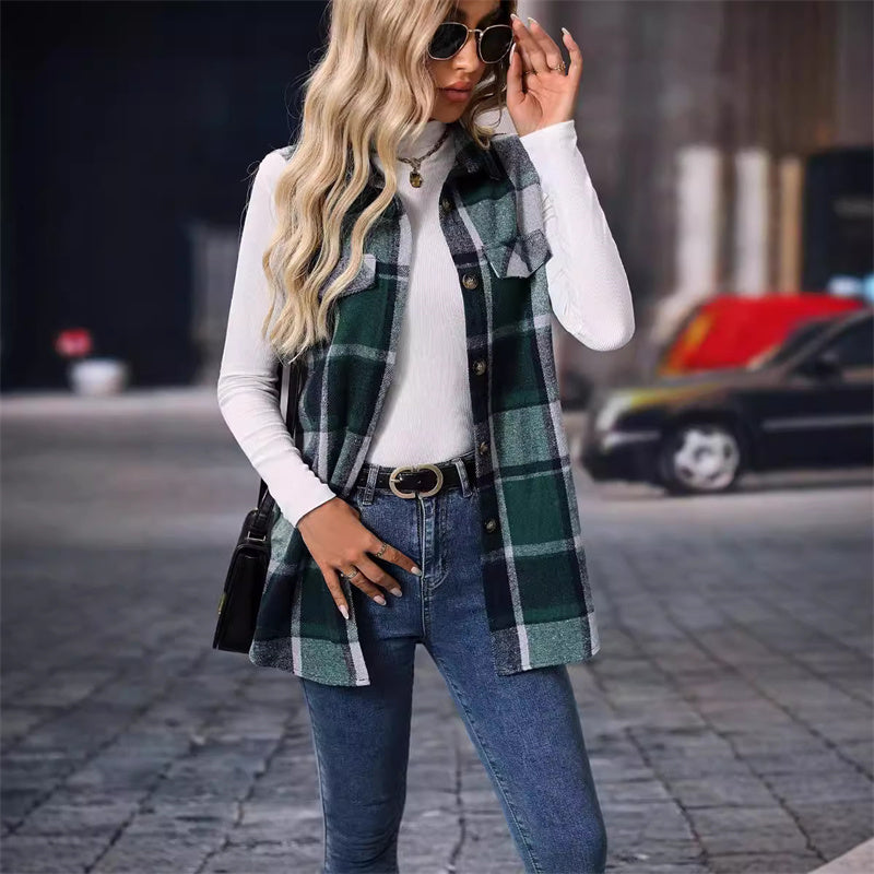 ✨ Easy Layering | Women's Mid-Length Button-Down Plaid Vest