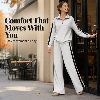 ✨ Sporty Comfort | Women's Quarter-Zip Ribbed Sweatshirt & Side-Stripe Wide-Leg Pants Set