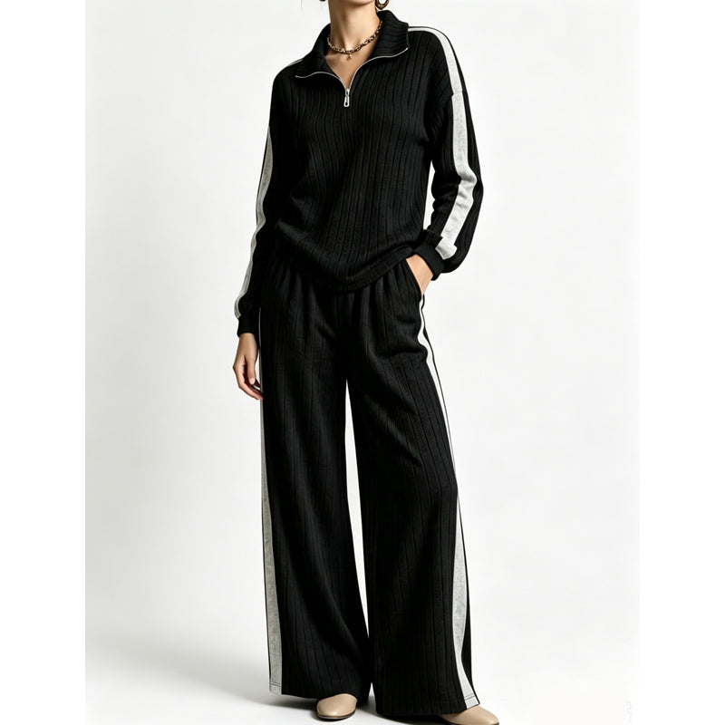 ✨ Sporty Comfort | Women's Quarter-Zip Ribbed Sweatshirt & Side-Stripe Wide-Leg Pants Set