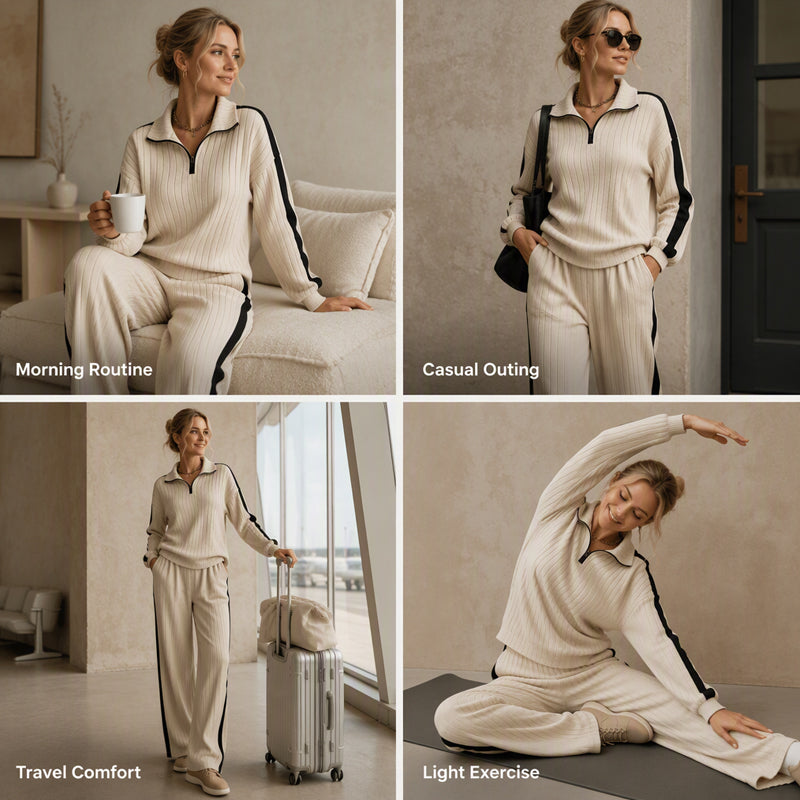 ✨ Sporty Comfort | Women's Quarter-Zip Ribbed Sweatshirt & Side-Stripe Wide-Leg Pants Set