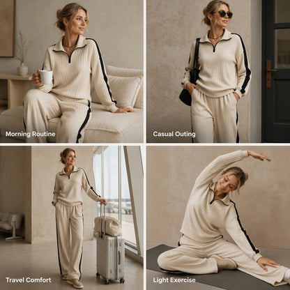 ✨ Sporty Comfort | Women's Quarter-Zip Ribbed Sweatshirt & Side-Stripe Wide-Leg Pants Set
