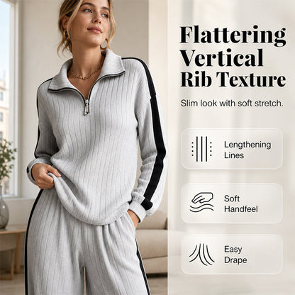 ✨ Sporty Comfort | Women's Quarter-Zip Ribbed Sweatshirt & Side-Stripe Wide-Leg Pants Set