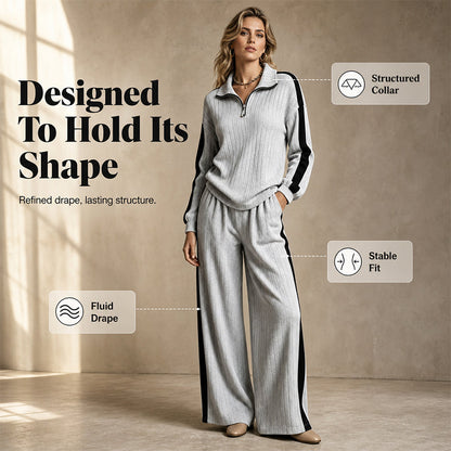 ✨ Sporty Comfort | Women's Quarter-Zip Ribbed Sweatshirt & Side-Stripe Wide-Leg Pants Set