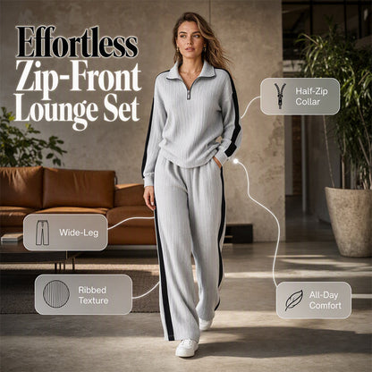 ✨ Sporty Comfort | Women's Quarter-Zip Ribbed Sweatshirt & Side-Stripe Wide-Leg Pants Set