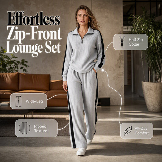 ✨ Sporty Comfort | Women's Quarter-Zip Ribbed Sweatshirt & Side-Stripe Wide-Leg Pants Set