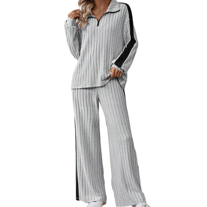 ✨ Sporty Comfort | Women's Quarter-Zip Ribbed Sweatshirt & Side-Stripe Wide-Leg Pants Set