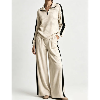 ✨ Sporty Comfort | Women's Quarter-Zip Ribbed Sweatshirt & Side-Stripe Wide-Leg Pants Set