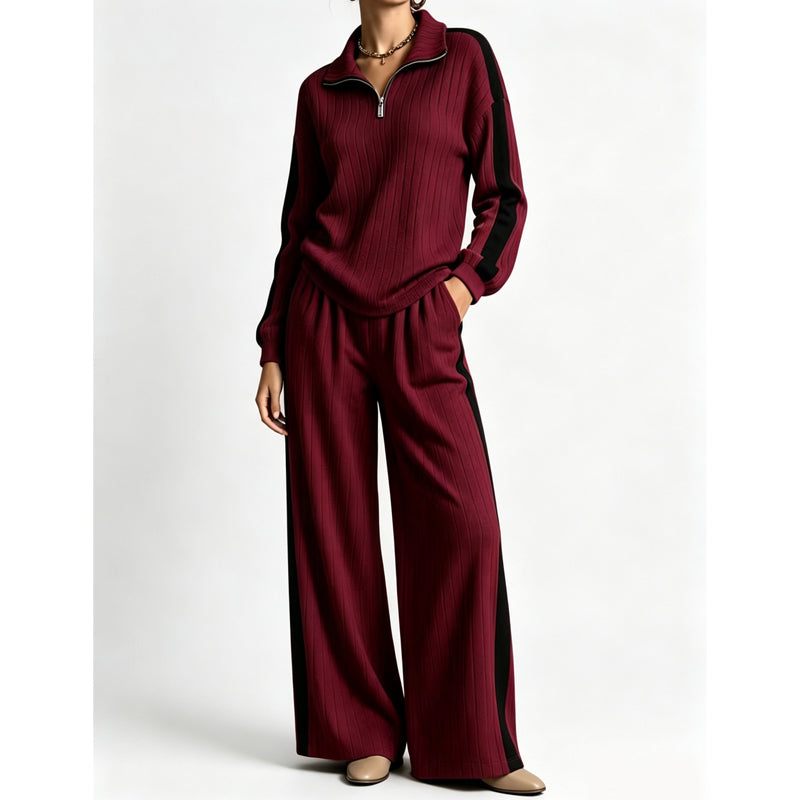 ✨ Sporty Comfort | Women's Quarter-Zip Ribbed Sweatshirt & Side-Stripe Wide-Leg Pants Set