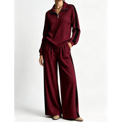 ✨ Sporty Comfort | Women's Quarter-Zip Ribbed Sweatshirt & Side-Stripe Wide-Leg Pants Set