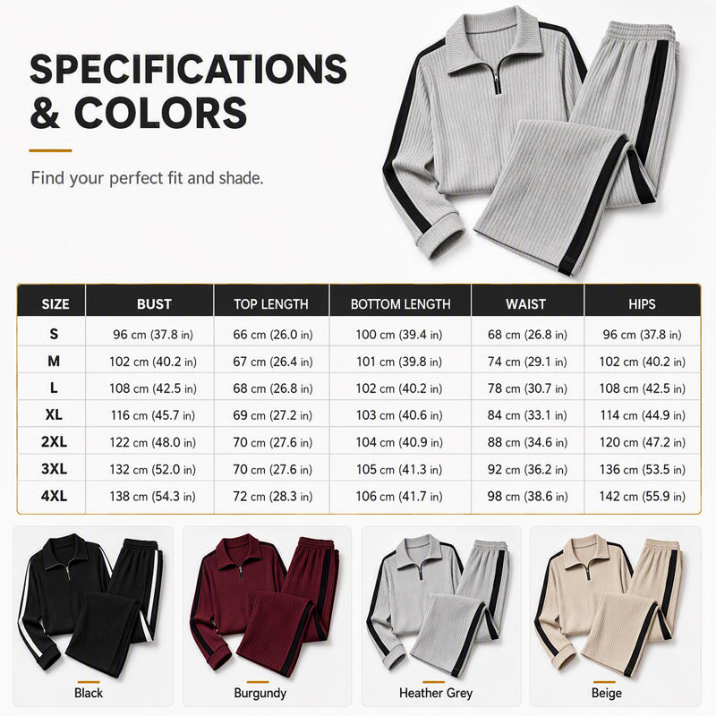 ✨ Sporty Comfort | Women's Quarter-Zip Ribbed Sweatshirt & Side-Stripe Wide-Leg Pants Set