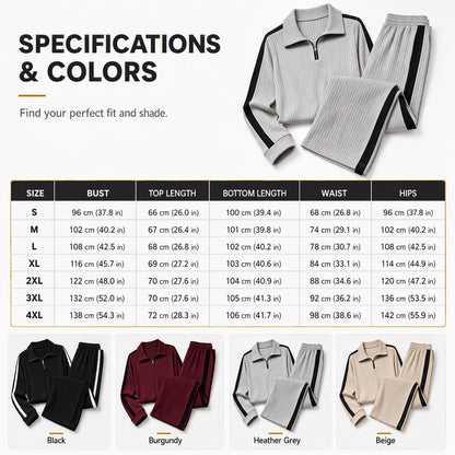 ✨ Sporty Comfort | Women's Quarter-Zip Ribbed Sweatshirt & Side-Stripe Wide-Leg Pants Set