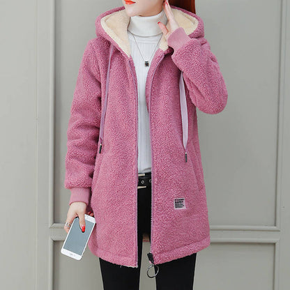 ❄️ Cozy Cold-Weather Coverage | Women's Hooded Faux Lamb Wool Mid-Length Coat with Pockets