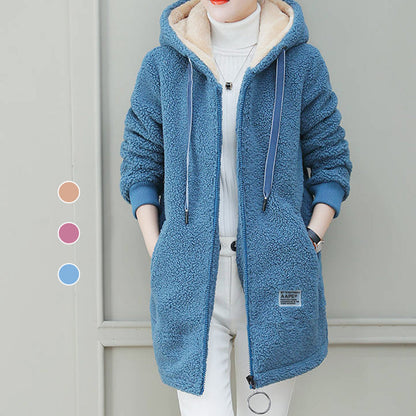 ❄️ Cozy Cold-Weather Coverage | Women's Hooded Faux Lamb Wool Mid-Length Coat with Pockets