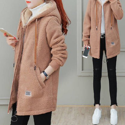 ❄️ Cozy Cold-Weather Coverage | Women's Hooded Faux Lamb Wool Mid-Length Coat with Pockets