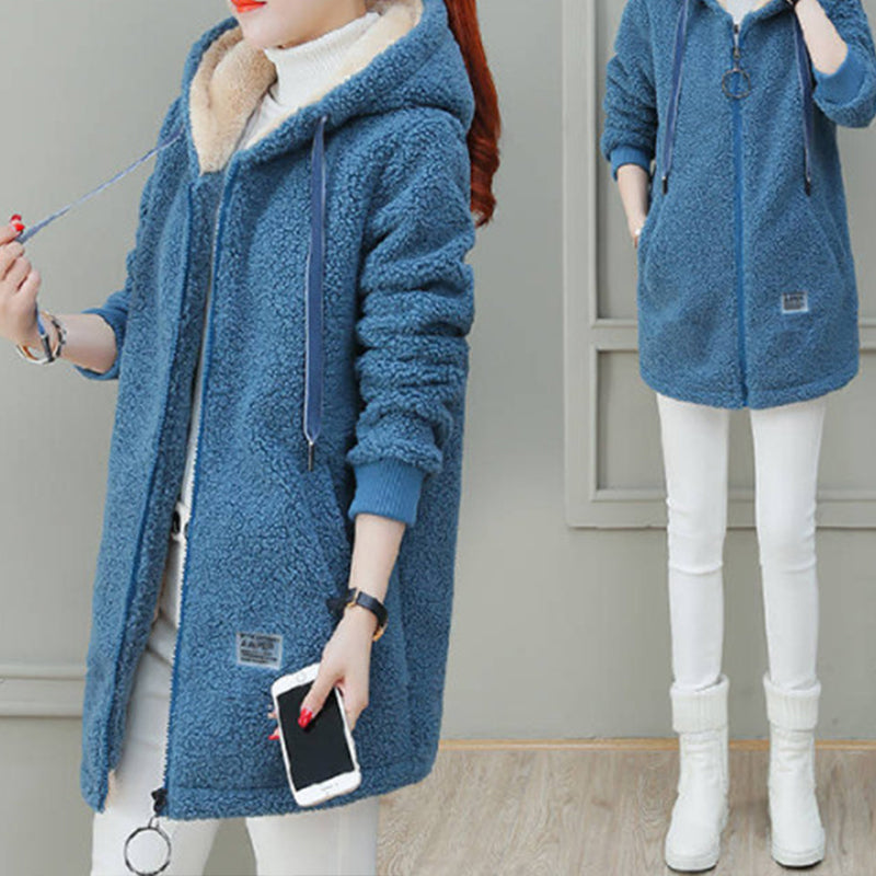 ❄️ Cozy Cold-Weather Coverage | Women's Hooded Faux Lamb Wool Mid-Length Coat with Pockets