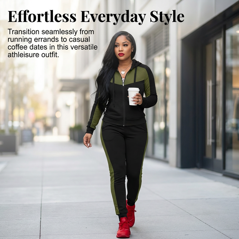 ✨ Sporty Color-Block Style | Women's Full-Zip Hoodie & Pants 2-Piece Tracksuit Set