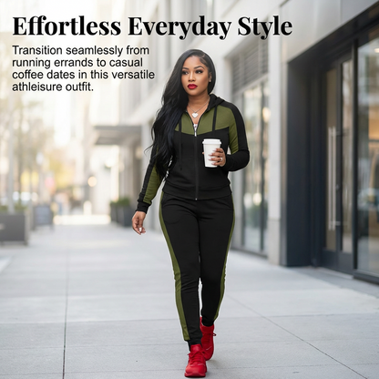 ✨ Sporty Color-Block Style | Women's Full-Zip Hoodie & Pants 2-Piece Tracksuit Set