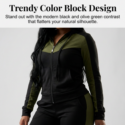 ✨ Sporty Color-Block Style | Women's Full-Zip Hoodie & Pants 2-Piece Tracksuit Set