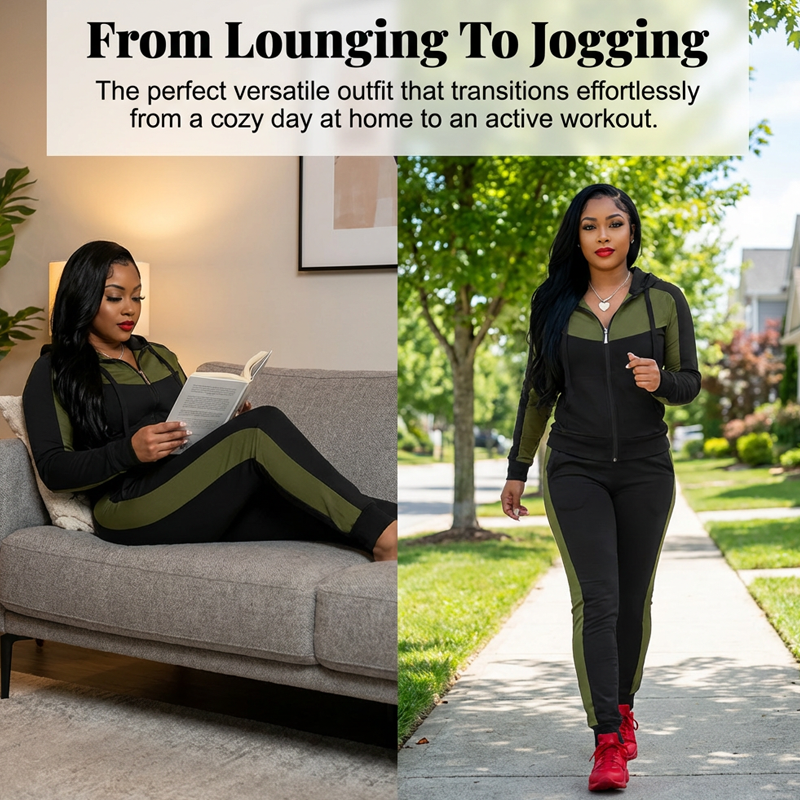 ✨ Sporty Color-Block Style | Women's Full-Zip Hoodie & Pants 2-Piece Tracksuit Set
