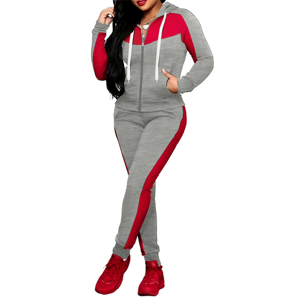 ✨ Sporty Color-Block Style | Women's Full-Zip Hoodie & Pants 2-Piece Tracksuit Set