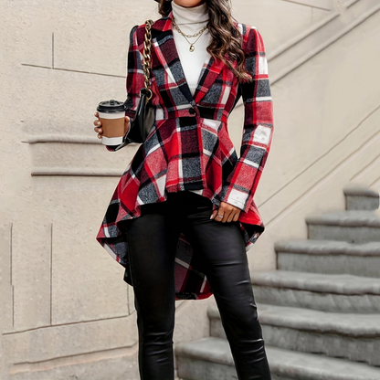 ✨ Statement Tailoring | Women's Plaid High-Low Peplum Coat with Cinched Waist
