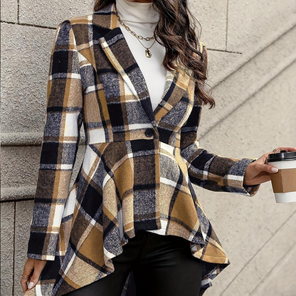 ✨ Statement Tailoring | Women's Plaid High-Low Peplum Coat with Cinched Waist