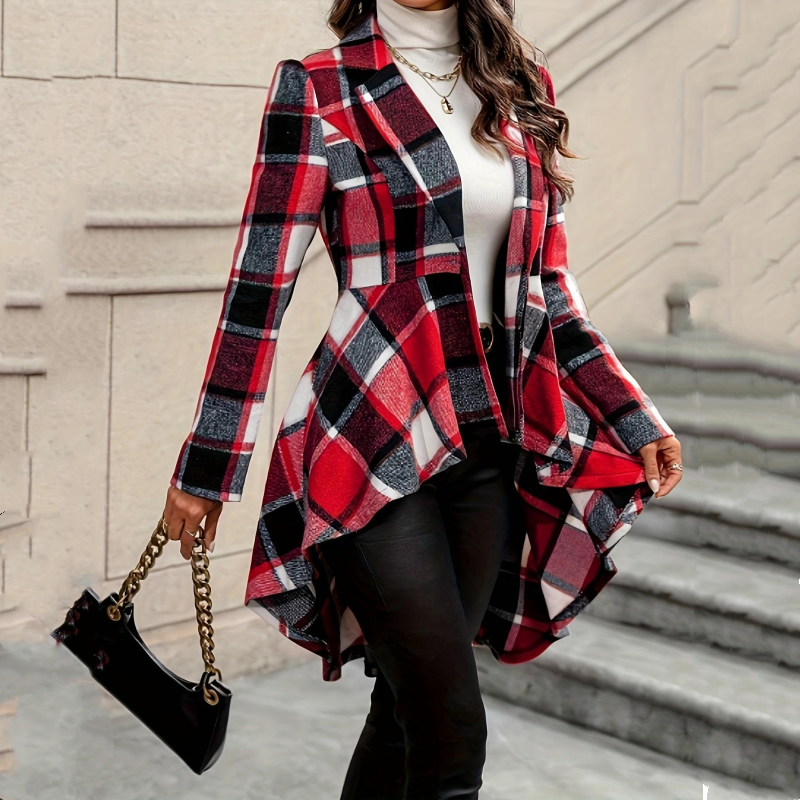 ✨ Statement Tailoring | Women's Plaid High-Low Peplum Coat with Cinched Waist