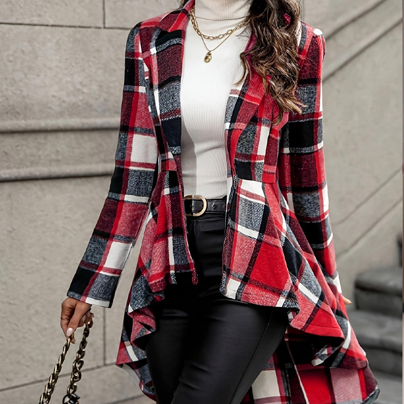 ✨ Statement Tailoring | Women's Plaid High-Low Peplum Coat with Cinched Waist