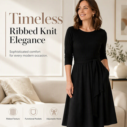 ✨ Flattering Knit Comfort | Women's Ribbed A-Line Midi Dress with Self-Tie Waist & Pockets