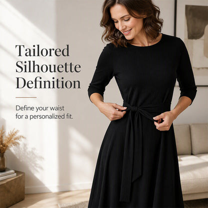 ✨ Flattering Knit Comfort | Women's Ribbed A-Line Midi Dress with Self-Tie Waist & Pockets