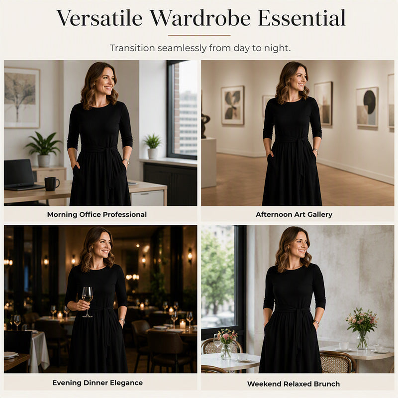 ✨ Flattering Knit Comfort | Women's Ribbed A-Line Midi Dress with Self-Tie Waist & Pockets